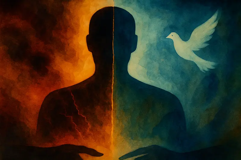 Lidská silueta symbolizující konflikt, pravdu a lásku. Ilustrace inspirovaná tématy války a míru.