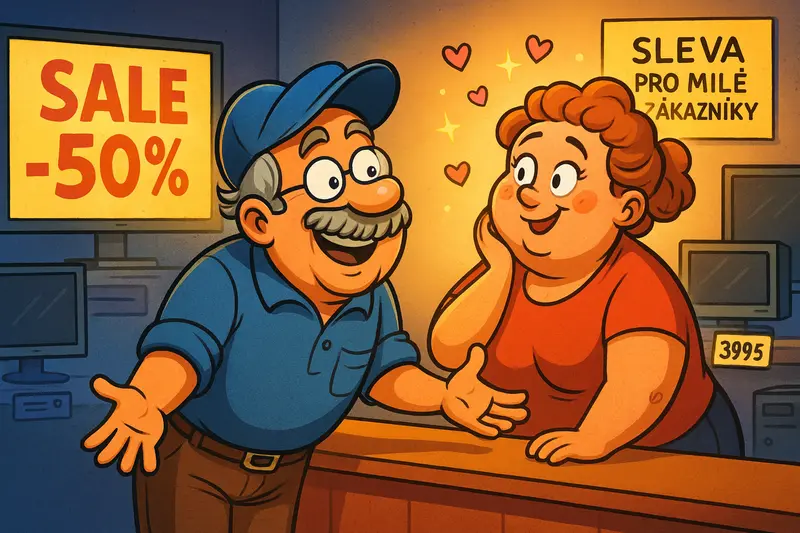 Starší muž lichotí prodavačce v obchodě s elektronikou, aby získal slevu. Veselá cartoon ilustrace s výraznými barvami.