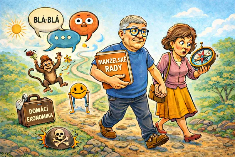 Ilustrace manželského páru na symbolické cestě představující dlouhodobé manželství s nadhledem a humorem, doplněná satirickými motivy každodenního soužití.