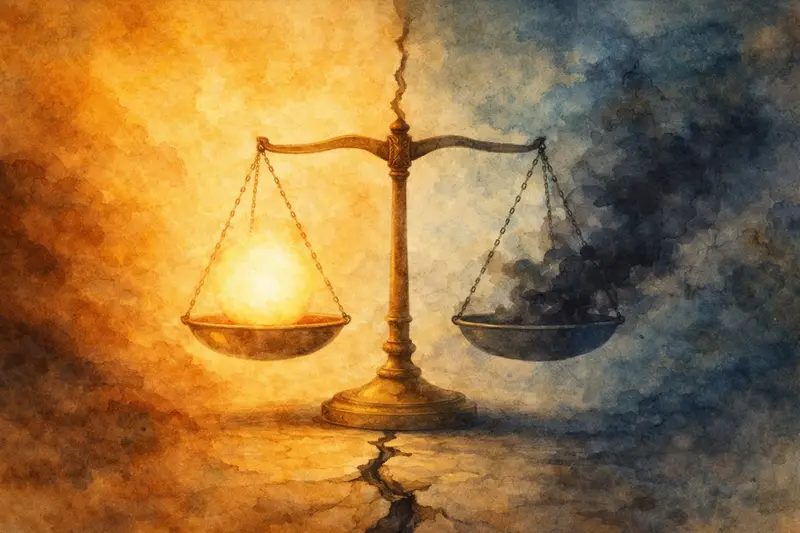 ilustrace znázorňující střet světla a temnoty jako obraz hodnot demokracie v dnešní politice.