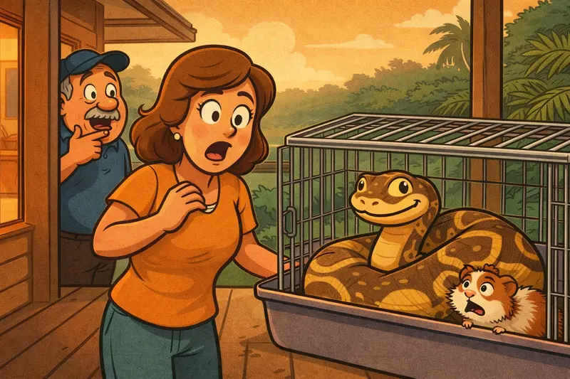 Ilustrace zachycující malou vánoční tragédii s hadem pythonem a morčetem