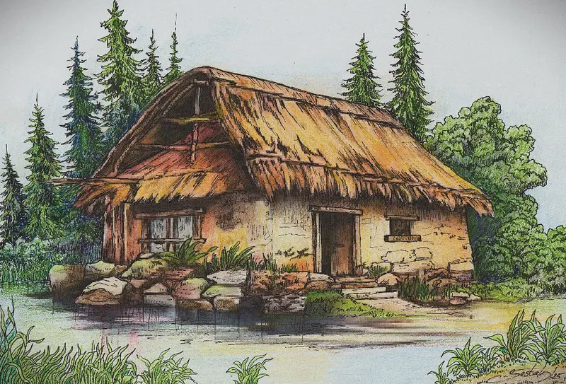 „Ruční ilustrace Miroslava Šestáka znázorňující starou chalupu u vody, zasazenou v lesní krajině, jako poetickou kulisu příběhu Mokrá láska.