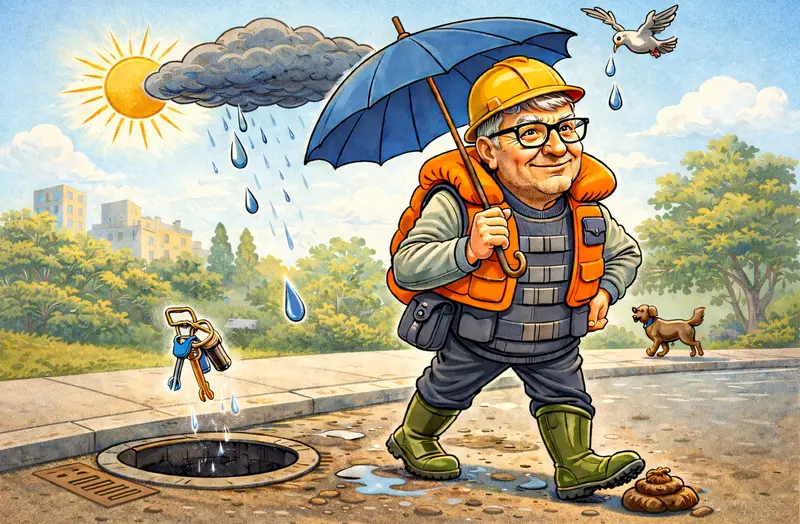 Humorná ilustrace muže obklopeného náhodami a drobnými nezdary, symbol štěstí a smůly v každodenním životě