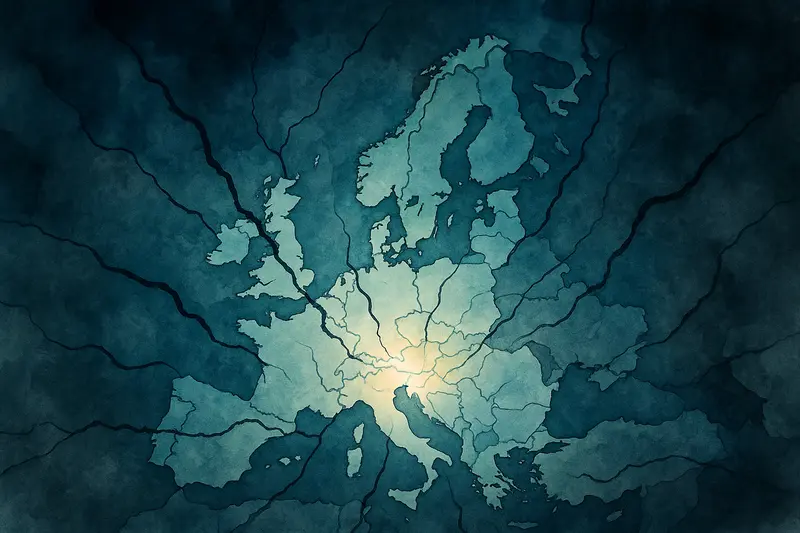 Akvarelová ilustrace Evropy s temnými odstíny z východu symbolizující rostoucí geopolitické napětí a hrozbu konfliktu.