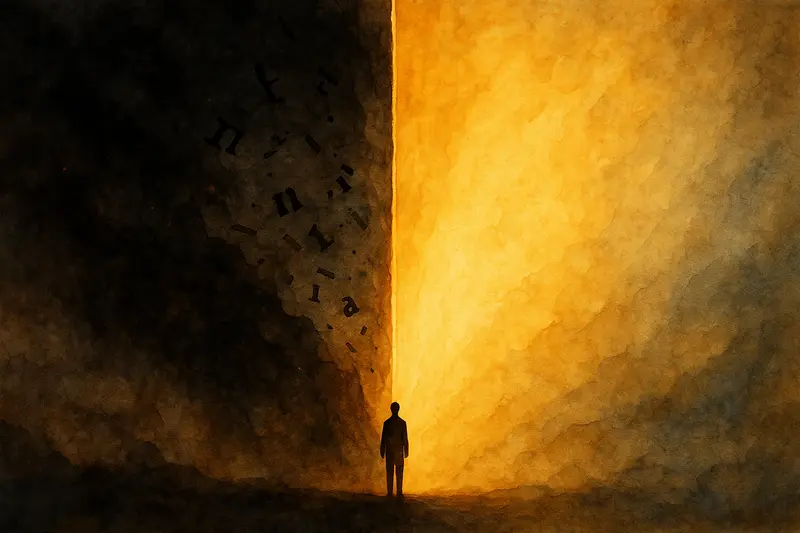 Ilustrace světla a tmy oddělených vertikální prasklinou symbolizující moc slova.