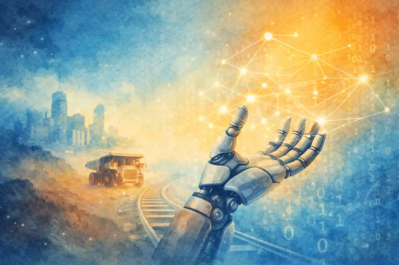Symbolická ilustrace robotizace práce a technologické budoucnosti, zobrazující člověka, stroje a digitální propojení v moderním průmyslu.