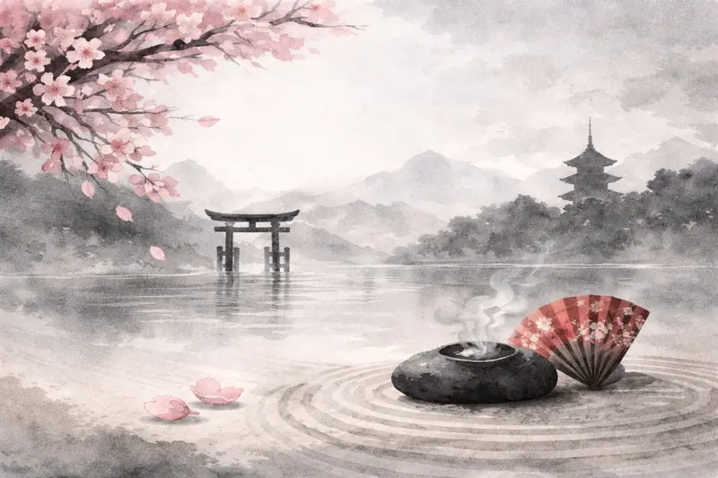 Symbolická akvarelová ilustrace inspirovaná Japonskem, tématy smrti, pomíjivosti a ticha v díle Mileny Michiko Flašar
