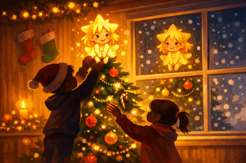 Digitální ilustrace hvězdičky Luxany, kterou děti dávají na vrchol vánočního stromku. Teplá pohádková atmosféra a jemné světlo vytvářejí pocit radosti a přijetí.