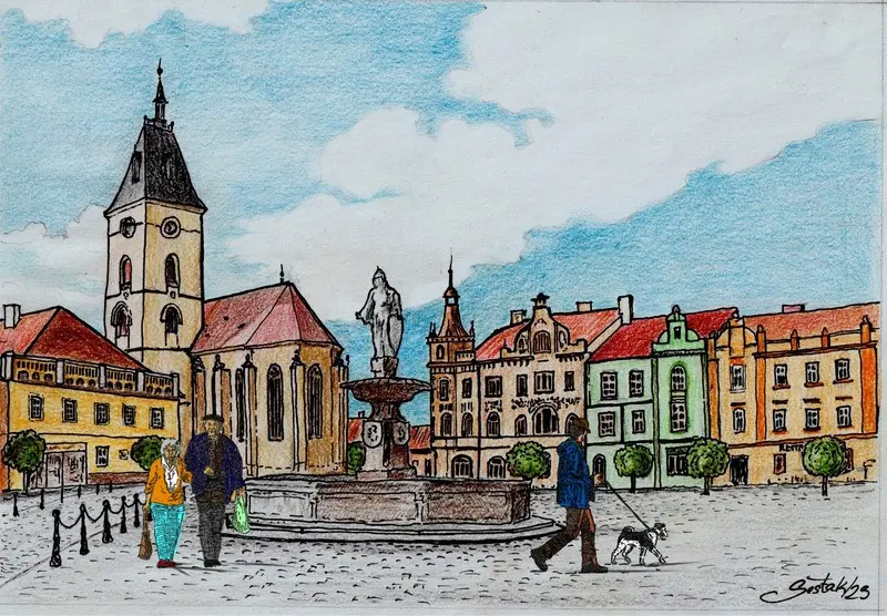 Barevná kresba náměstí ve Vodňanech s kašnou, historickými domy a postavami procházejících lidí.