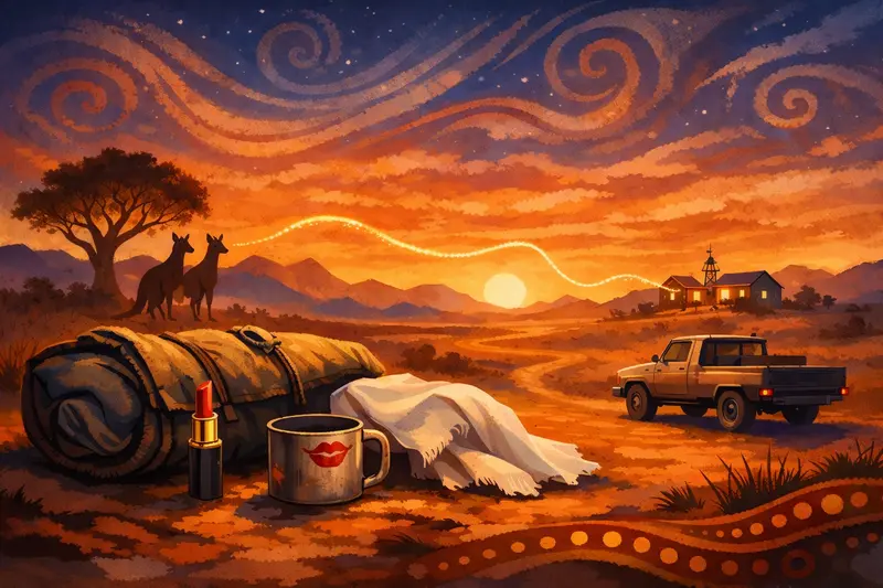 Ilustrace australského outbacku se symbolem mise A.I.M., která přinášela pomoc lidem v odlehlých oblastech. Scéna s cestou, vozem a vzdálenou stanicí v zapadajícím slunci.