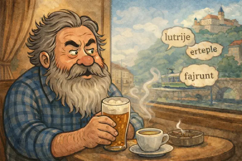 Karikatura Jiřího Švehly sedícího v brněnské kavárně, symbolicky zachycující brněnský hantec jako živou paměť města.