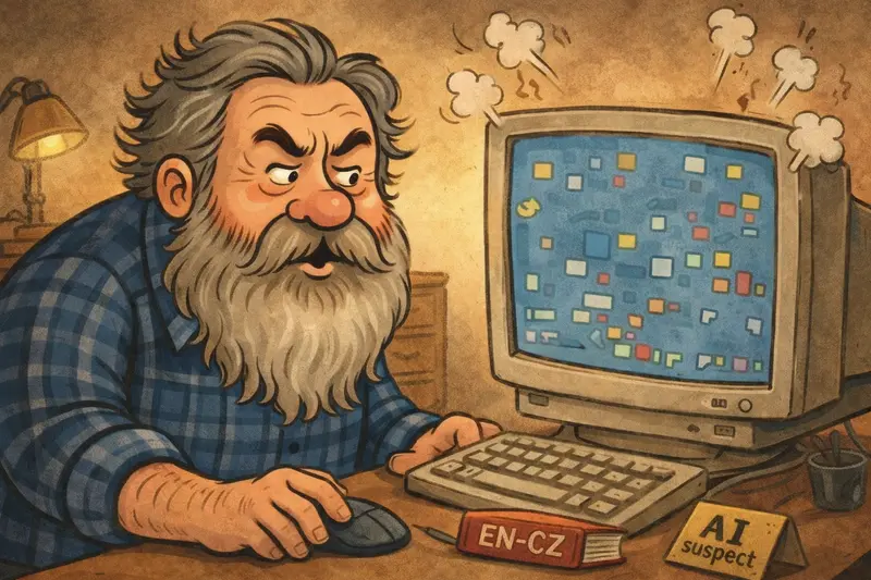 Karikatura Jiřího Švehly sedícího u počítače jako ironické zobrazení toho, jak technologické inovace mění každodenní život obyčejného uživatele.