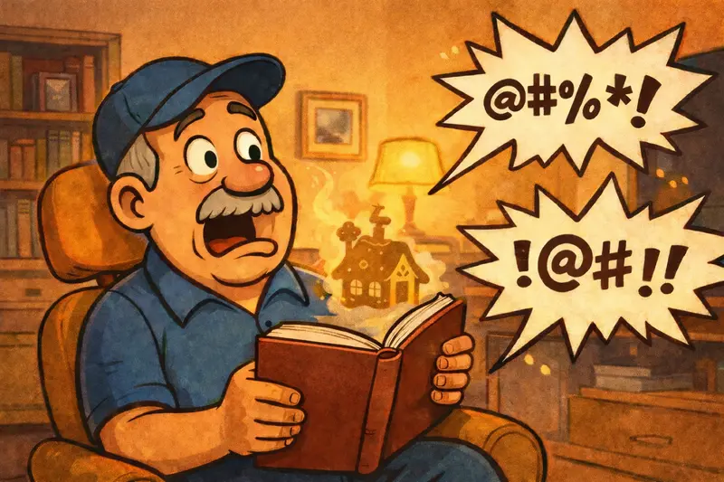 Ilustrace muže čtoucího pohádky, který s nadsázkou přemýšlí o proměně mluvy a sprosťárnách dnešní doby.