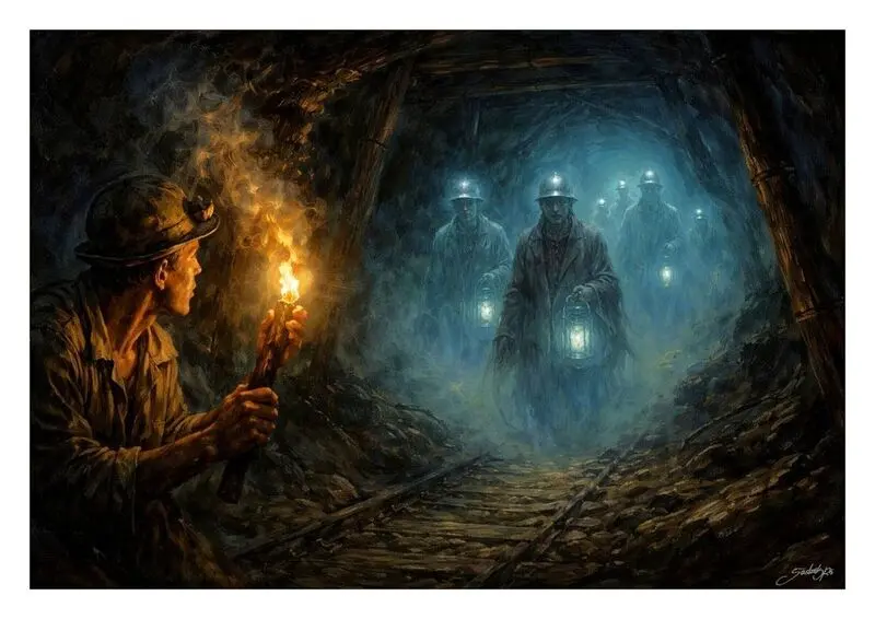 Ilustrace muže se zapálenou pochodní ve staré štole, kde se ve tmě objevují postavy mrtvých horníků s lampami.
