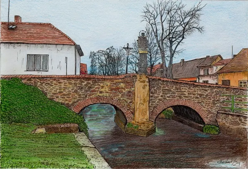 Starý kamenný most ve Vodňanech nad tekoucí řekou, zachycený kresbou Miroslava Šestáka k příběhu O vodňanském vodníkovi.