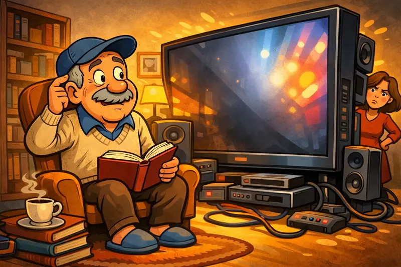 Karikaturní ilustrace seniora s knihou vedle přerostlé televize, která zaplňuje celý pokoj. Symbolický obraz fejetonu o částečném pominutí mysli a generačních rozdílech.