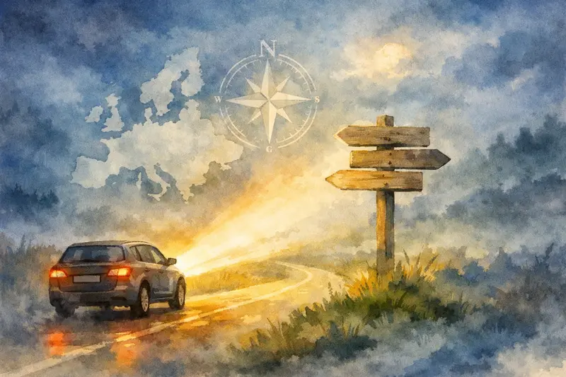 ilustrace auta s dálkovými světly v mlze jako metafora orientace v dnešní době a hledání směru v čase chaosu.