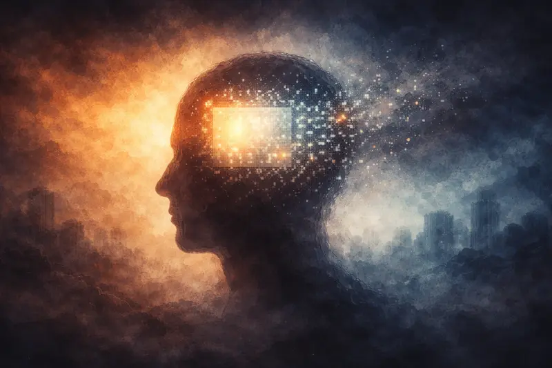 ilustrace siluety hlavy s rozsvícenou obrazovkou v oblasti mozku jako metafora tématu hloupnutí lidstva a vlivu médií a technologií na myšlení.