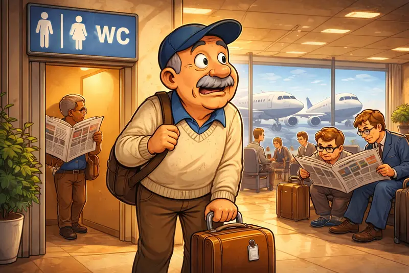 Karikatura Ivana Kolaříka na letišti před odletem jako metafora hrůzy z létání a lidské zbabělosti.
