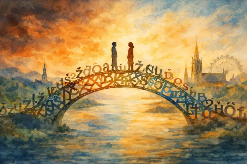 ilustrace mostu z písmen spojujícího dva světy jako metafora jazyka a identity mezi kulturami.