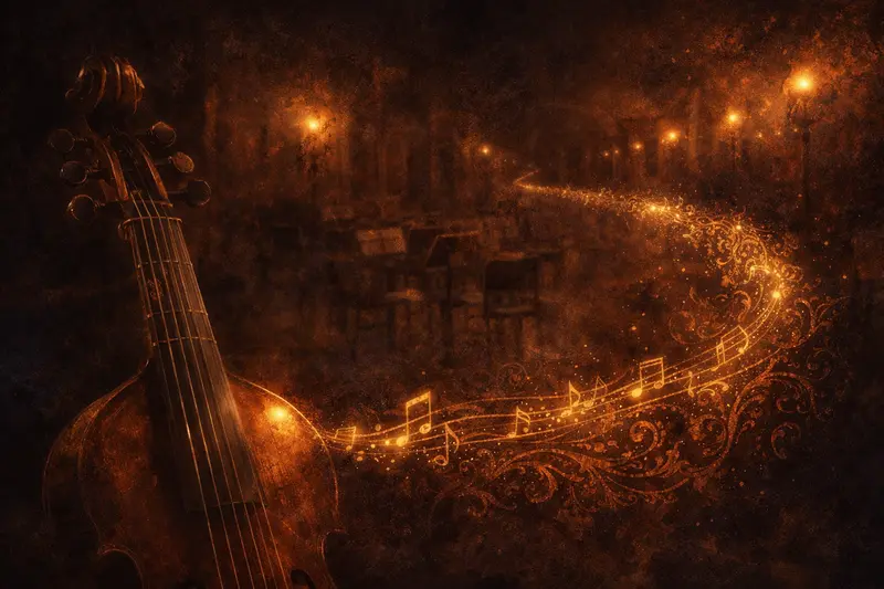 ilustrace historického smyčcového nástroje, z nějž vychází světelná stopa not jako metafora tématu Jordi Savall a hudba jako jazyk