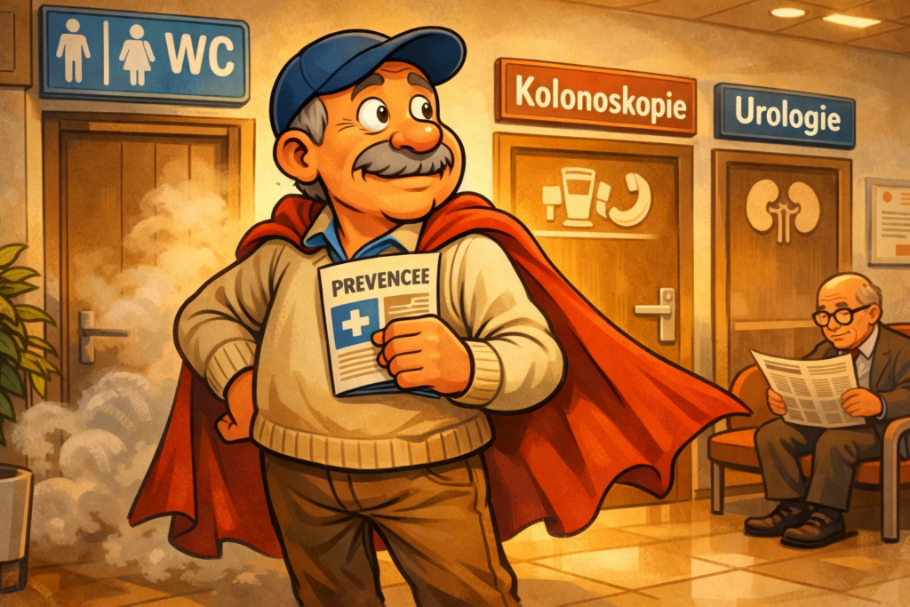 Karikatura seniora v čekárně před vyšetřením; fejeton o kolonoskopii očima fejetonisty a odvaze podstoupit preventivní procedury