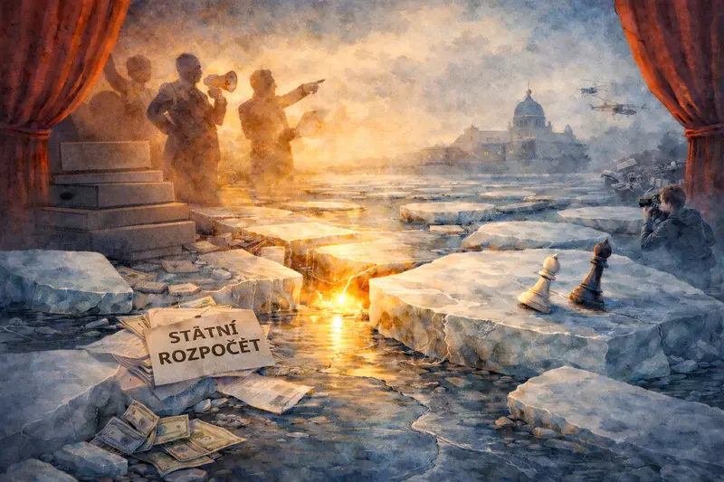 Ilustrace praskajícího ledu se světlem v trhlině jako metafora pro státní rozpočet, rozpočtovou ekvilibristiku a politické posuny.