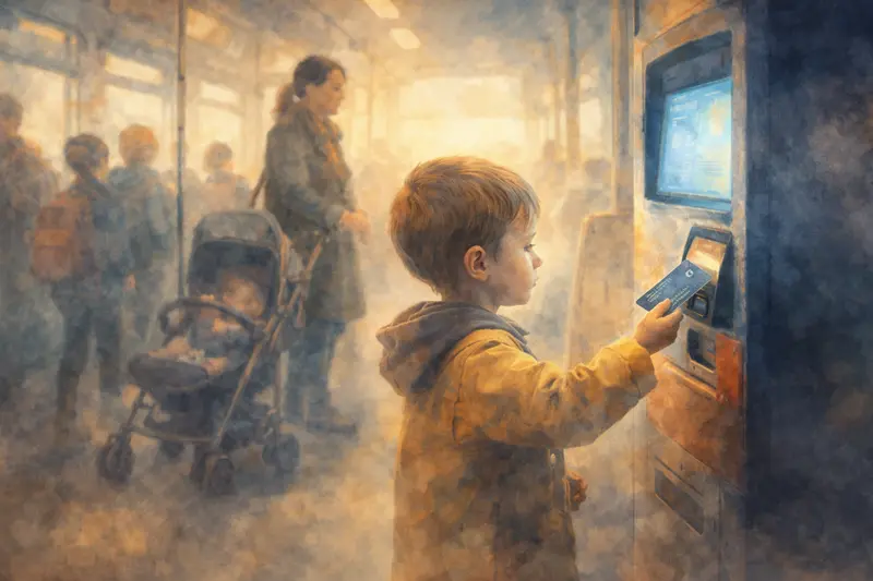 Ilustrace malého chlapce u automatu na jízdenky ve vídeňské tramvaji jako symbol odchodu Slováků do zahraničí.