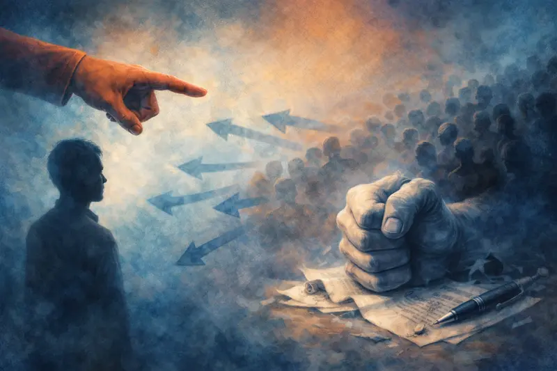 Symbolická akvarelová ilustrace znázorňující politickou aroganci, nátlak a vyhrožování moci. Vizuální metafora k názorovému komentáři.