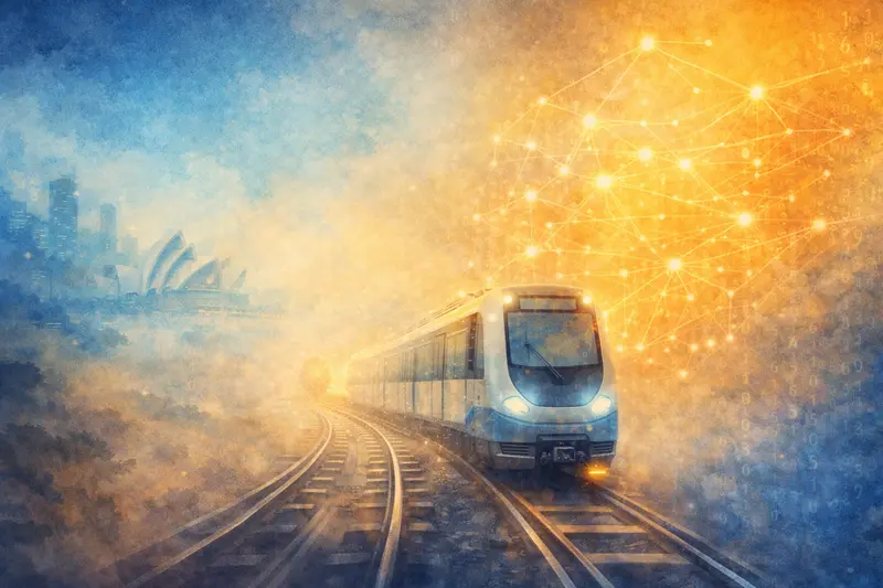 Ilustrace soupravy Sydney Metro na kolejích jako metafora budoucnosti MHD v Austráli
