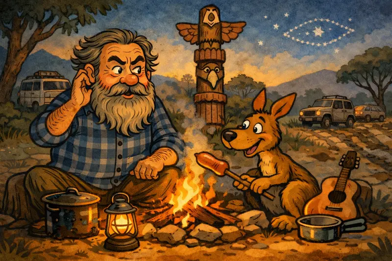 Karikaturní ilustrace potlachu československých trampů v Austrálii s ohněm, totemem a tramperskými prvky.