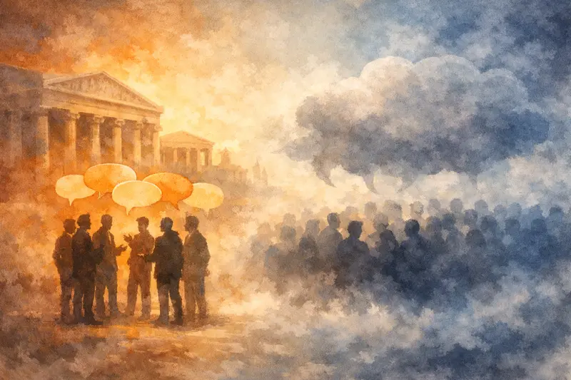 Ilustrace antické agory s lidmi v diskusi a mlhavým davem v pozadí jako metafora tématu demokracie.