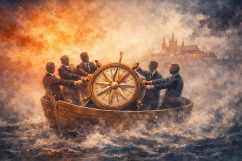 Symbolická ilustrace lodi státu řízené politiky, kteří otáčejí kormidlem různými směry, s Pražským hradem v pozadí a jemně rudým horizontem.