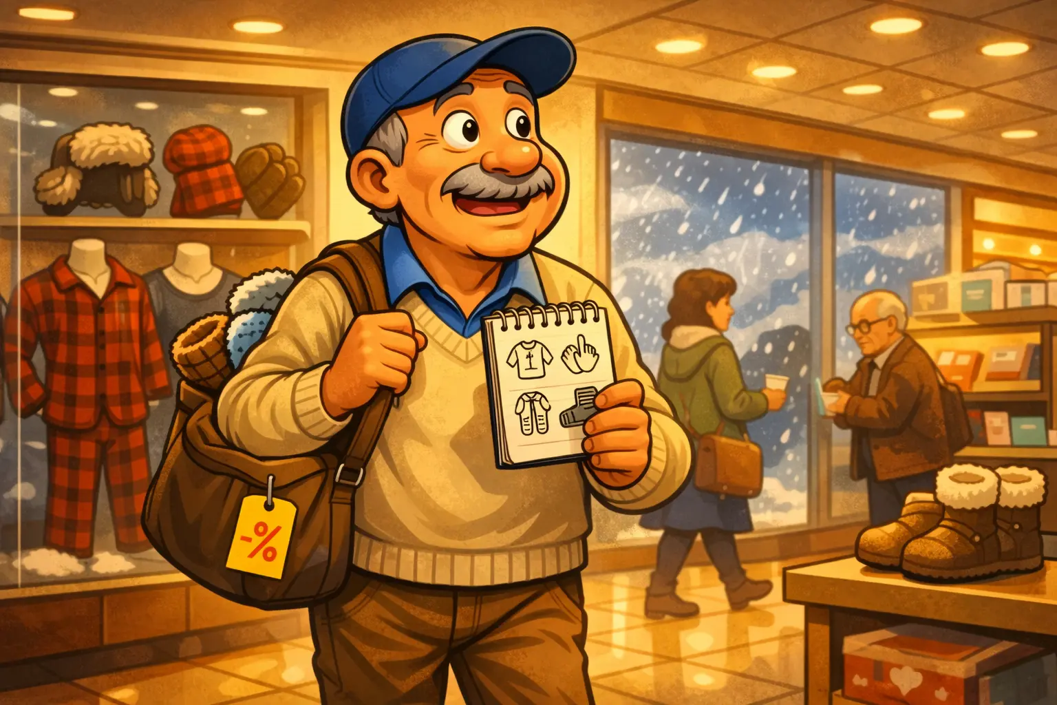 Karikatura dědečka v obchodním centru se seznamem ikon, který bere nakupování jako hru o slevy