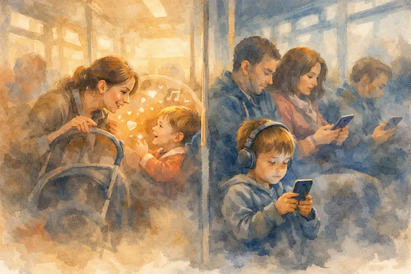 ilustrace z tramvaje kontrastuje živou komunikaci maminky s dítětem a svět dětí a mobilu, kdy rodiče sahají po displeji místo dialogu.