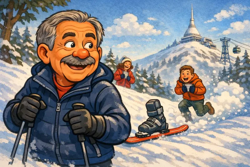 Ilustrace k článku Ještědské drama: humorná studentská historka z lyžování na Ještědu, kdy lyže s botou ujíždí ze svahu