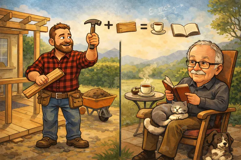 Karikatura sedícího může s knihou na zahradě vedle pracovitého kutila; ilustrace symbolizuje kontrast práce a odpočinku v fejetonu Moje malá teorie relativity.