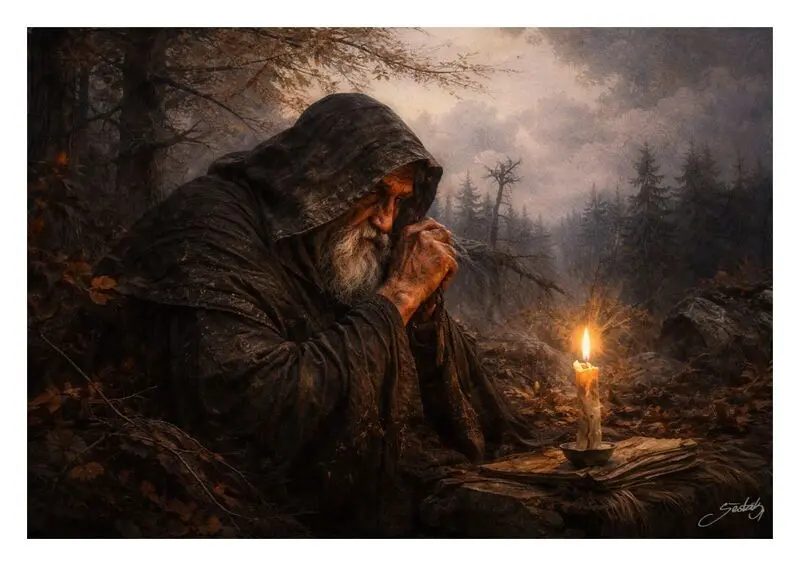 Ilustrace zachycuje modlícího se starého muže v kápi u svíčky v lesní krajině – Věštec z Javoří