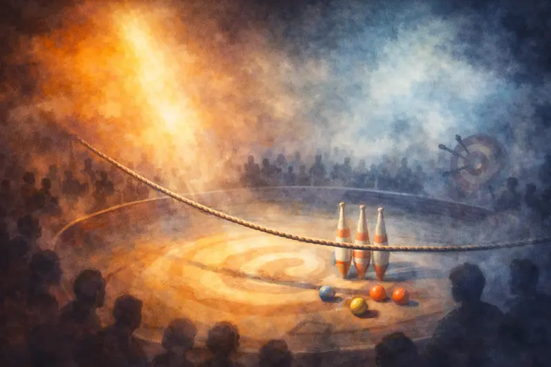 Ilustrace cirkusové manéže s provazem a žonglovacími rekvizitami jako metafora politického cirkusu a tématu důvěry v justici.