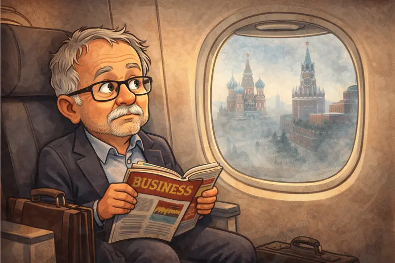 Ilustrace muže v letadle u okénka s pohledem na Moskvu jako metafora fejetonu Zoja a tanky a první služební cesty.