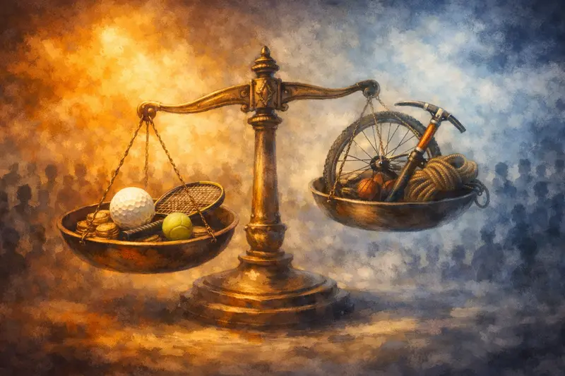Ilustrace vah symbolicky porovnává sport a výdělky sportovců: golf a tenis proti cyklistice a horolezectví.