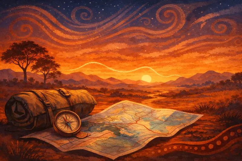 Ilustrace australské krajiny při západu slunce s mapou a kompasem v popředí jako metafora vandrování v australské divočině.