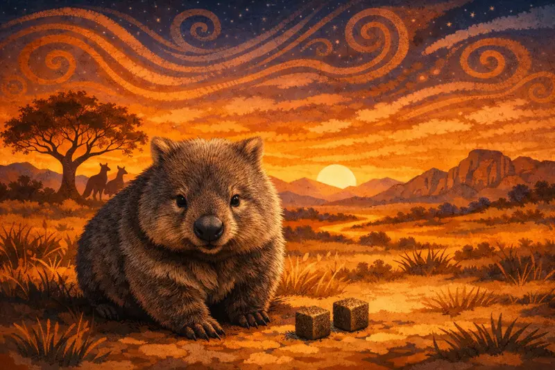 Wombat v australské buši při západu slunce.