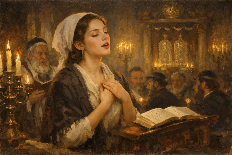 Ilustrace ženy zpívající v synagoze při svíčkách. Na motiv k příběhu Miroslava Šestáka: Hvězdy nad Úsovem.