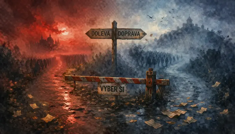 ilustrace mlžné křižovatky se šraňkou a rozcestníkem jako metafora 100 dní hájení vlády a volby směru země.