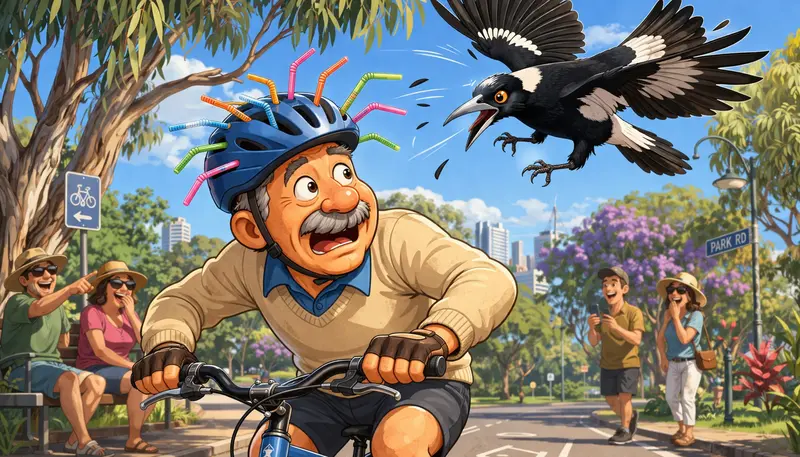 Senior na kole v parku během australského jara, když na jeho helmu útočí magpie (kavka).