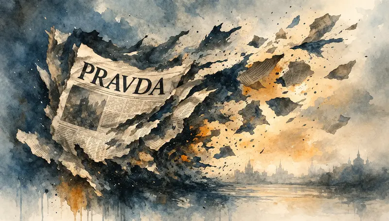 ilustrace roztržených novin ve větru jako metafora otázky kde je pravda a ztráty důvěry v informace.