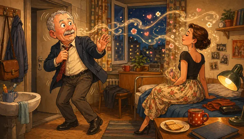 Ilustrace v retro kolejním pokoji, komicky odzbrojeného vůní dívky. Ilustrace k fejetonu Konec lásky.