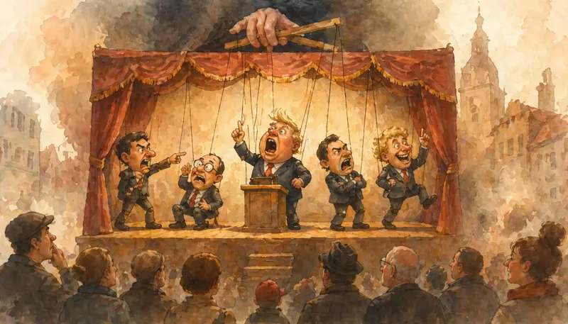 ilustrace loutkového divadla s politickými figurkami a davem; metafora „Turecké zplodiny“, když ulice vládne.