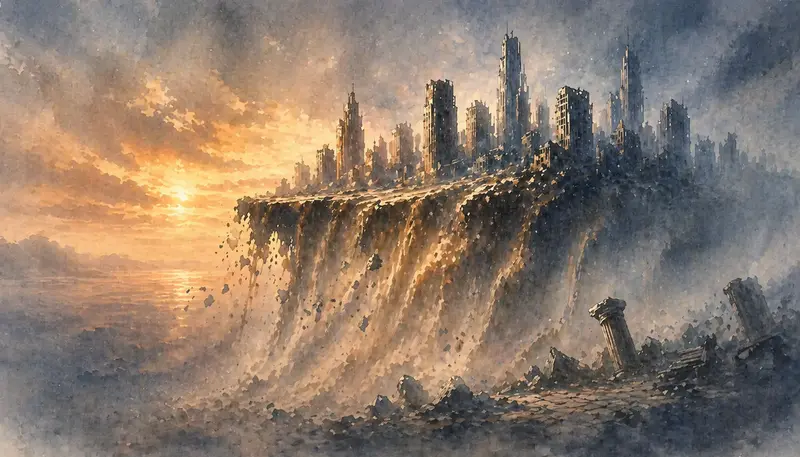 ilustrace města na drolícím se písku v soumraku jako metafora tématu Soumrak naší civilizace